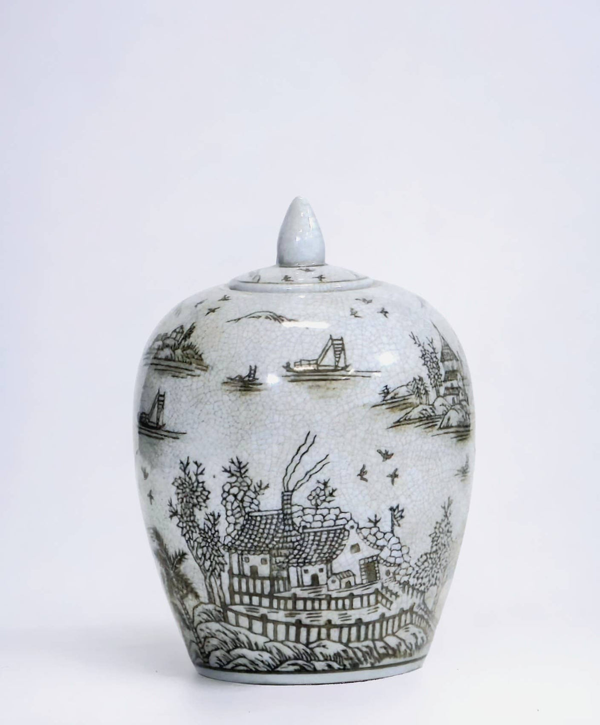 7" Ginger Jar, Chinoiserie Design, Brown