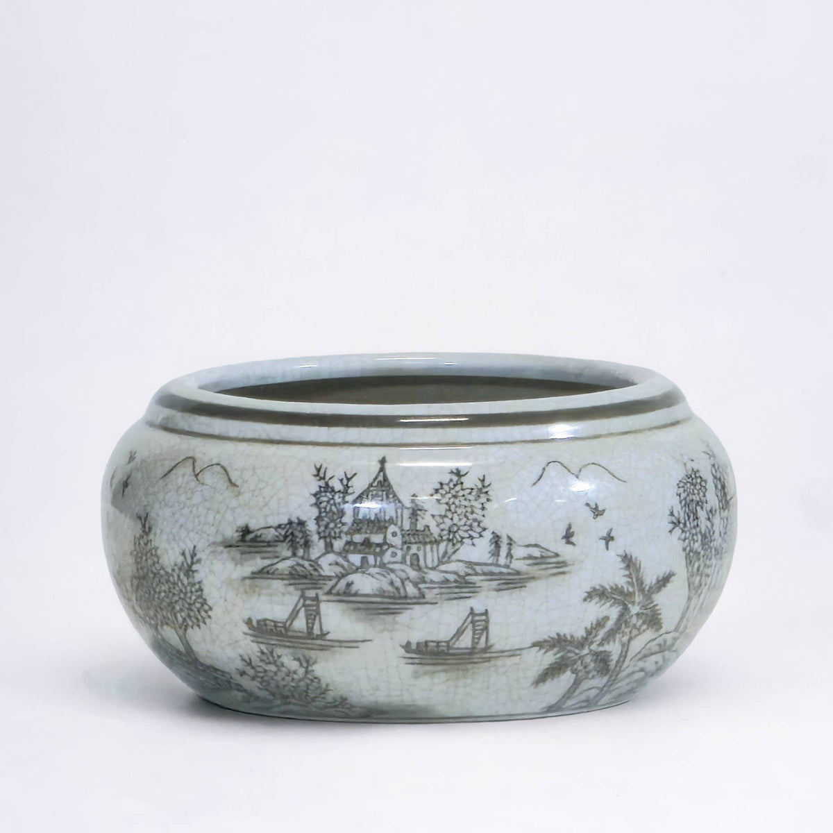 Round Planter, Chinoiserie Scene, Brown