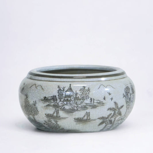 Round Planter, Chinoiserie Scene, Brown