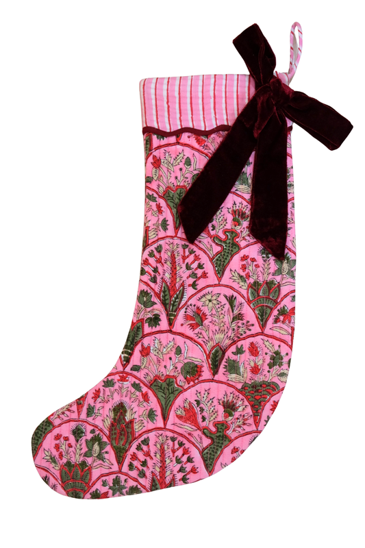 Blockprint Stocking in Holiday Arch